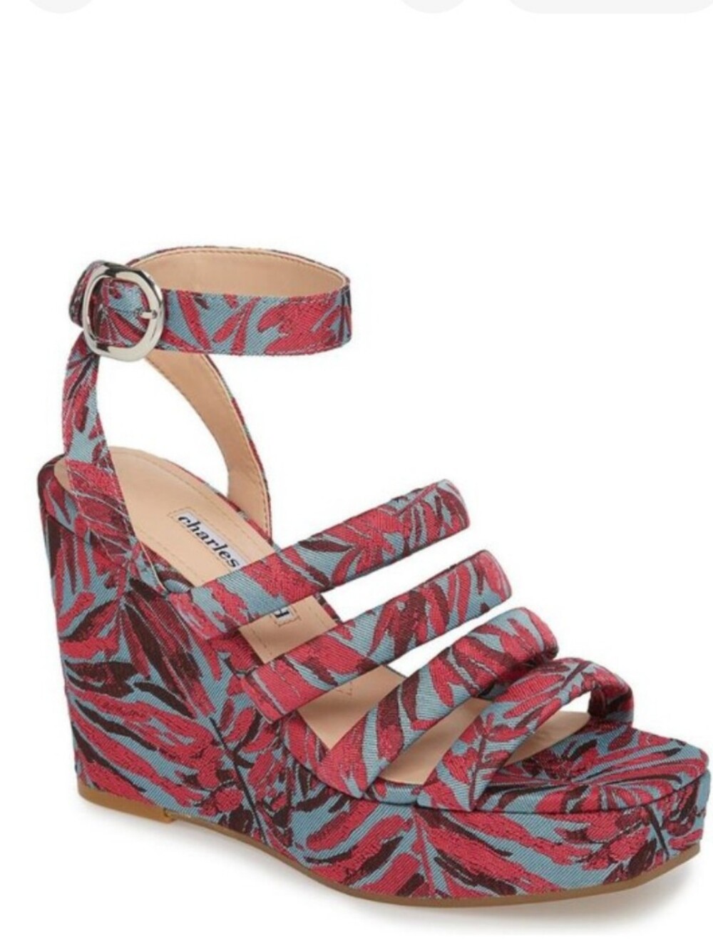 Charles David, Judy, Platform Wedge Sandals Fuchsia And Blue Leaf Pattern. 7.5
